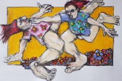 Acrylique sur toile molle. Ultime estocade grise, des petites fleurs